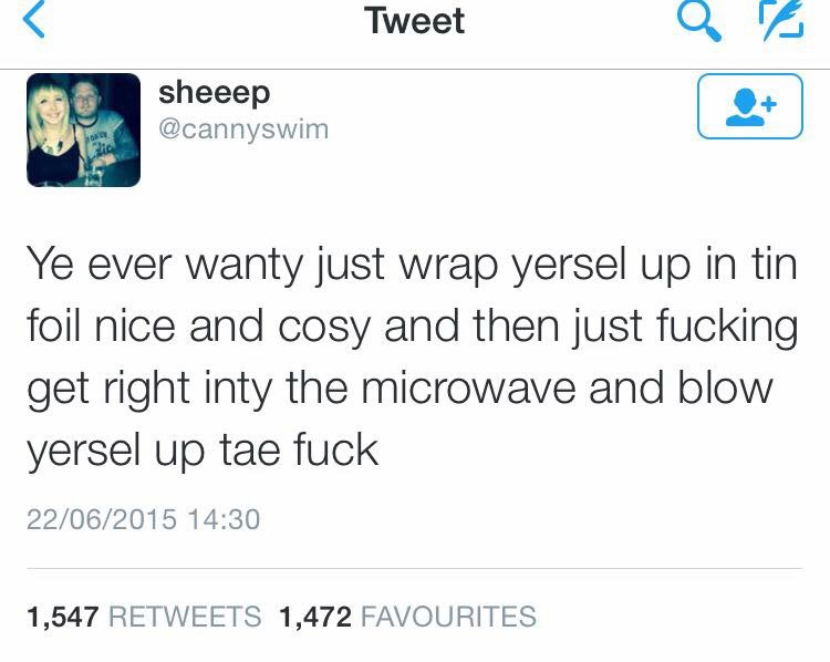 tweet - scottish twitter posts - Tweet Op sheeep Ye ever wanty just wrap yersel up in tin foil nice and cosy and then just fucking get right inty the microwave and blow yersel up tae fuck 22062015 1,547 1,472 Favourites