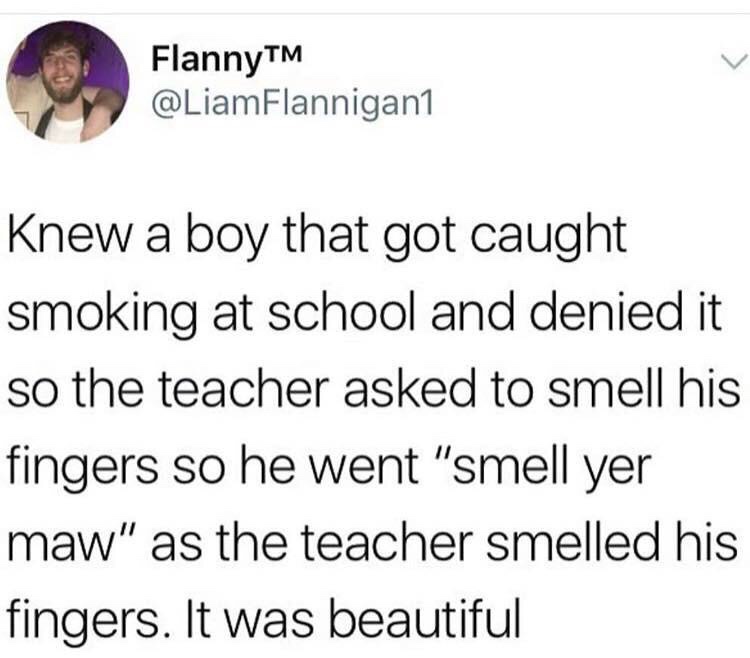 tweet - harold they re lesbians - FlannyTM Knew a boy that got caught smoking at school and denied it so the teacher asked to smell his fingers so he went "smell yer maw" as the teacher smelled his fingers. It was beautiful