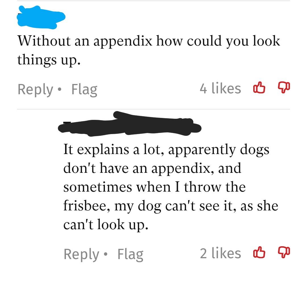 angle - Without an appendix how could you look things up. Flag 4 @ Go It explains a lot, apparently dogs don't have an appendix, and sometimes when I throw the frisbee, my dog can't see it, as she can't look up. Flag 2 20