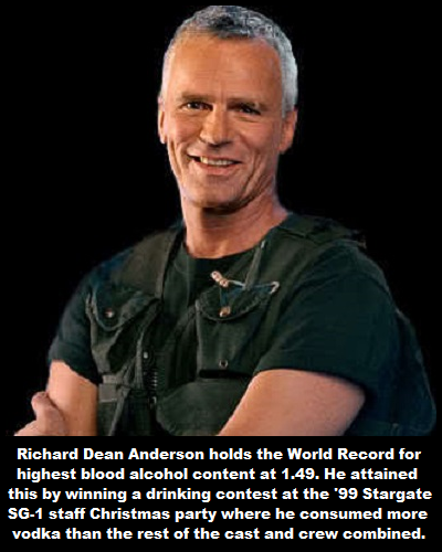 richard dean anderson stargate - Richard Dean Anderson holds the World Record for highest blood alcohol content at 1.49. He attained this by winning a drinking contest at the '99 Stargate Sg1 staff Christmas party where he consumed more vodka than the res