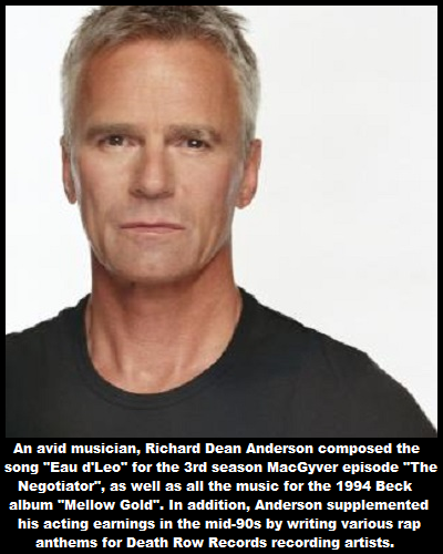 richard dean anderson 2010 - An avid musician, Richard Dean Anderson composed the song "Eau d'Leo" for the 3rd season MacGyver episode "The Negotiator", as well as all the music for the 1994 Beck album "Mellow Gold". In addition, Anderson supplemented his