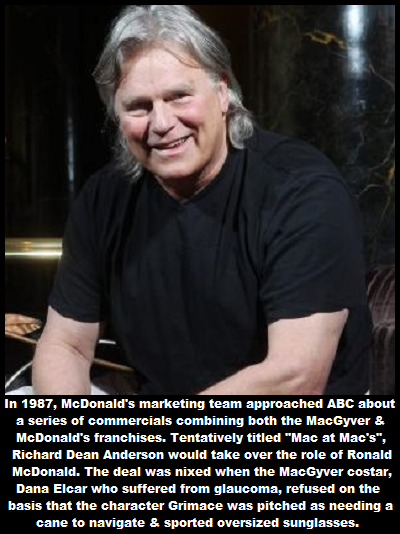 photo caption - In 1987, McDonald's marketing team approached Abc about a series of commercials combining both the MacGyver & McDonald's franchises. Tentatively titled "Mac at Mac's", Richard Dean Anderson would take over the role of Ronald McDonald. The 