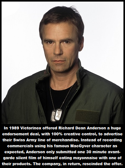 photo caption - In 1989 Victorinox offered Richard Dean Anderson a huge endorsement deal, with 100% creative control, to advertise their Swiss Army line of merchandise. Instead of recording commercials using his famous MacGyver character as expected, Ande