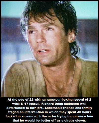 photo caption - At the age of 22 with an amateur boxing record of 2 wins & 17 losses, Richard Dean Anderson was determined to turn pro. Anderson's friends and family staged an intervention in which they spent 48 hours locked in a room with the actor tryin