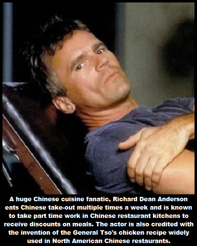 photo caption - A huge Chinese cuisine fanatic, Richard Dean Anderson eats Chinese takeout multiple times a week and is known to take part time work in Chinese restaurant kitchens to receive discounts on meals. The actor is also credited with the inventio