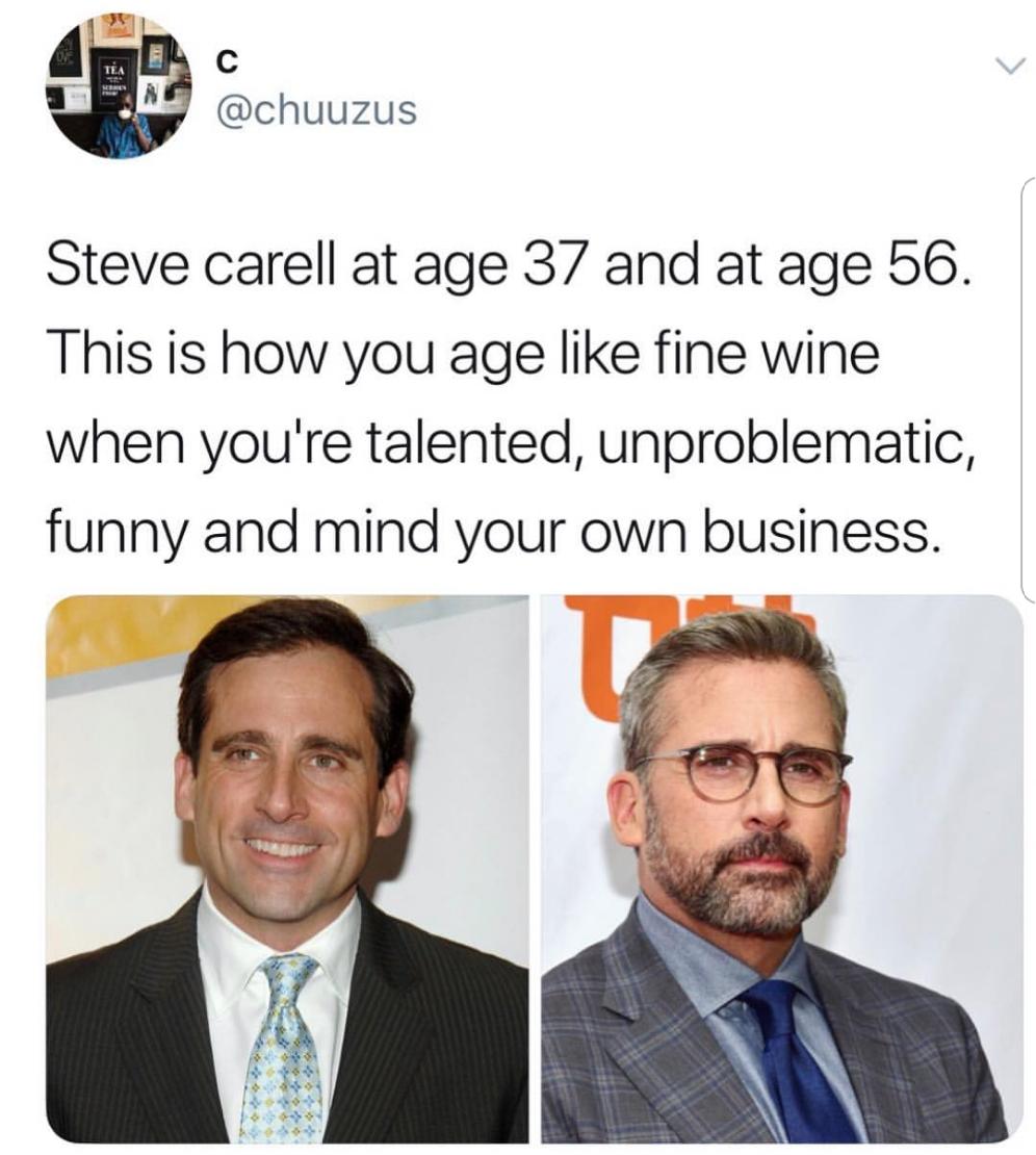 black twitter steve carell memes - Steve carell at age 37 and at age 56. This is how you age fine wine when you're talented, unproblematic, funny and mind your own business.
