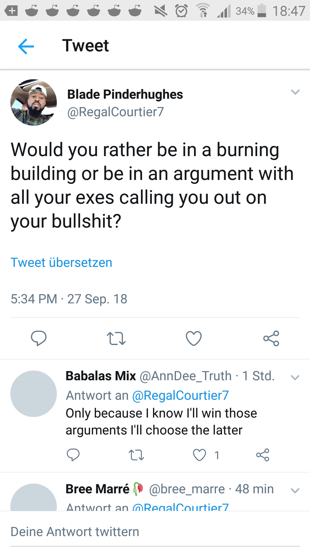 black twitter screenshot - 4 . . . . . . .| 34% Tweet Blade Pinderhughes Would you rather be in a burning building or be in an argument with all your exes calling you out on your bullshit? Tweet bersetzen 27 Sep. 18 o 22 o 8 v Babalas Mix 1 Std. Antwort a