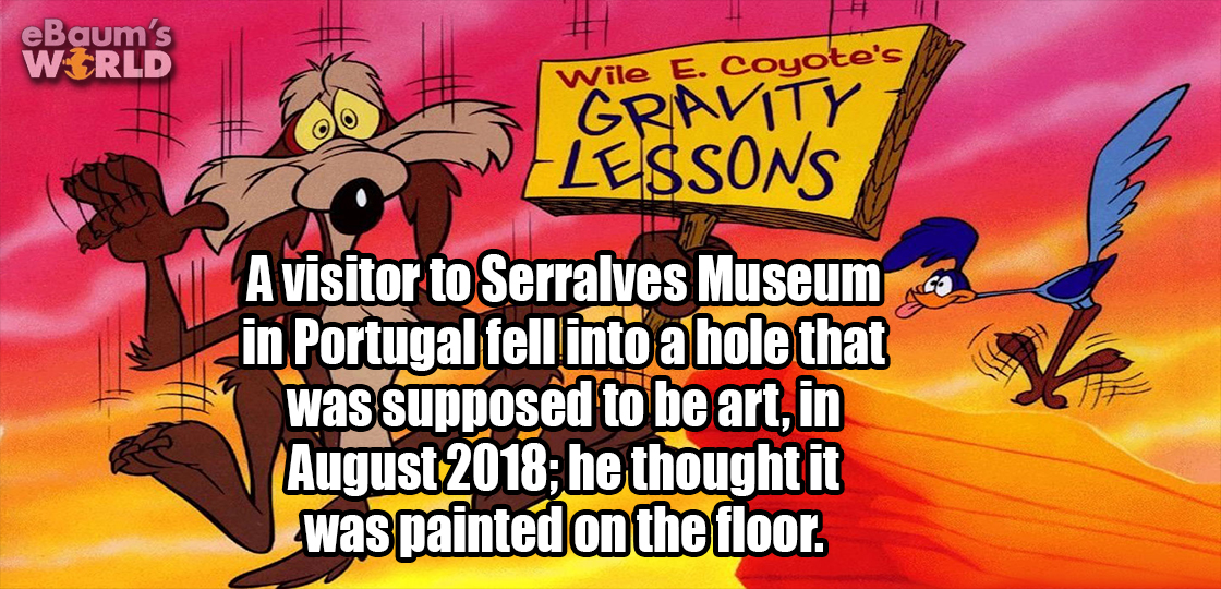 wile e coyote - eBaum's World Wile E. Coyote's Gravity Lessons A visitor to Serralves Museum in Portugal fell into a hole that was supposed to be art, in ; he thought it was painted on the floor.
