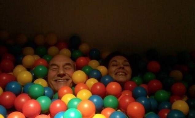 Sir Patrick Stewart enjoying a ball pit right after his wedding with his wife Sunny Ozell in 2013.