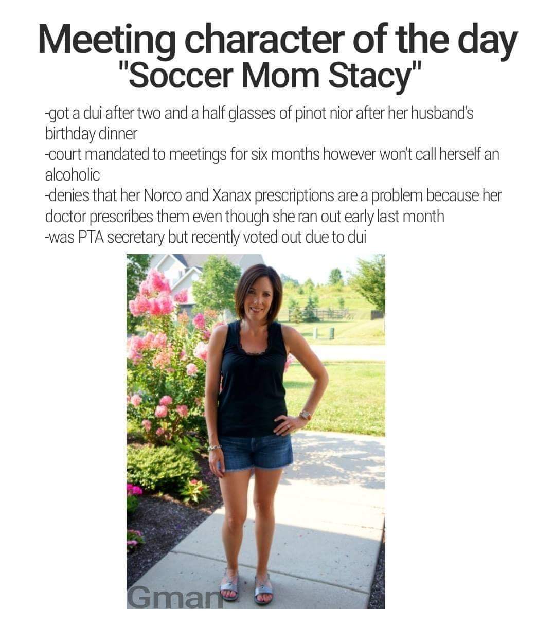 fucked up na recovery memes - Meeting character of the day "Soccer Mom Stacy" got a dui after two and a half glasses of pinot nior after her husband's birthday dinner court mandated to meetings for six months however won't call herself an alcoholic denies