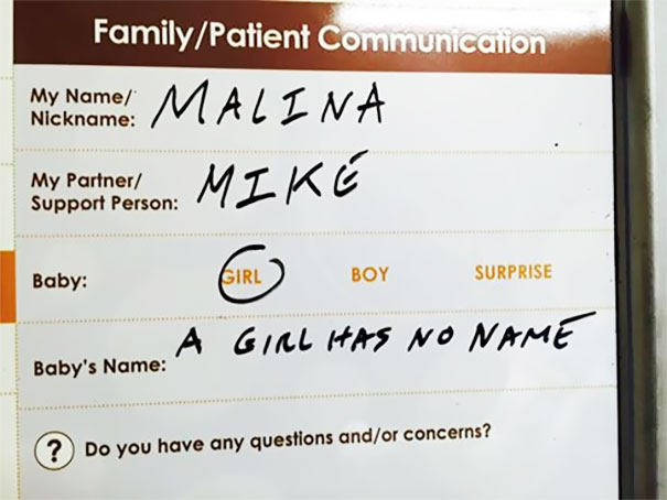 writing - My Name Nickname FamilyPatient Communication Me camel Malina My Partner Mike My Partner Support Person Baby Girl Cirl Boy Surprise ..A Girl Has No Name Baby's Name ? Do you have any questions andor concerns?