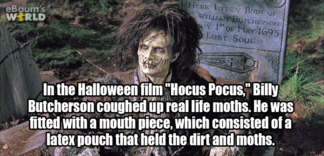 funny - eBaum's World Here Lyes Body Of William Butcherson Y 1"Of Lost Soul In the Halloween film "Hocus Pocus," Billy Butcherson coughed up real life moths. He was fitted with a mouth piece, which consisted of a latex pouch that held the dirt and moths.