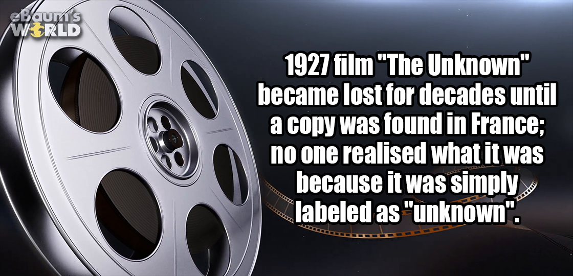alloy wheel - blaum's World 1927 film "The Unknown" became lost for decades until a copy was found in France; no one realised what it was because it was simply labeled as "unknown".