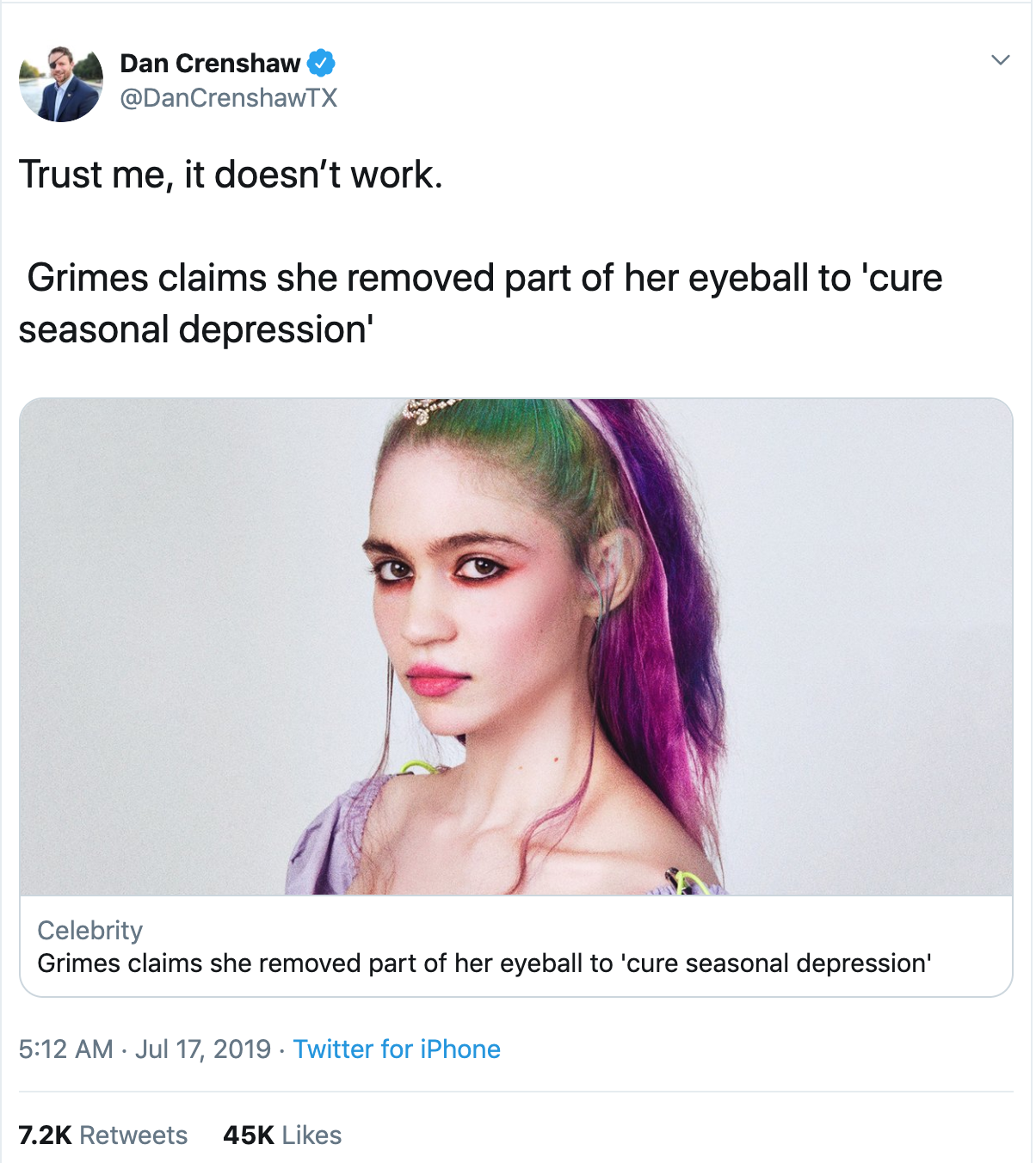 grimes pregnant topless - Dan Crenshaw Trust me, it doesn't work. Grimes claims she removed part of her eyeball to 'cure seasonal depression' Celebrity Grimes claims she removed part of her eyeball to 'cure seasonal depression Twitter for iPhone 45K