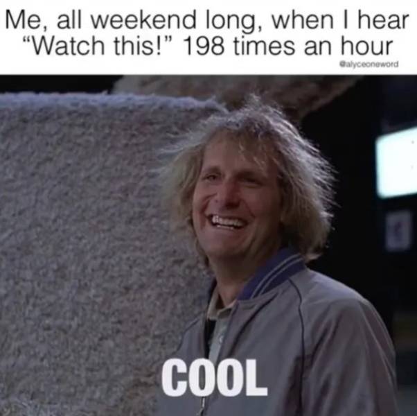 parenting memes - Me, all weekend long, when I hear "Watch this!" 198 times an hour Dalyceoneword Cool