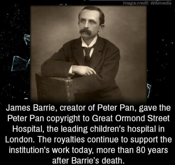 photo caption - Image credit Wikimedia James Barrie, creator of Peter Pan, gave the Peter Pan copyright to Great Ormond Street Hospital, the leading children's hospital in London. The royalties continue to support the institution's work today, more than 8