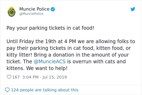 Indiana Police Is Letting People Pay Off Their Parking Tickets In Most Purrfect Way