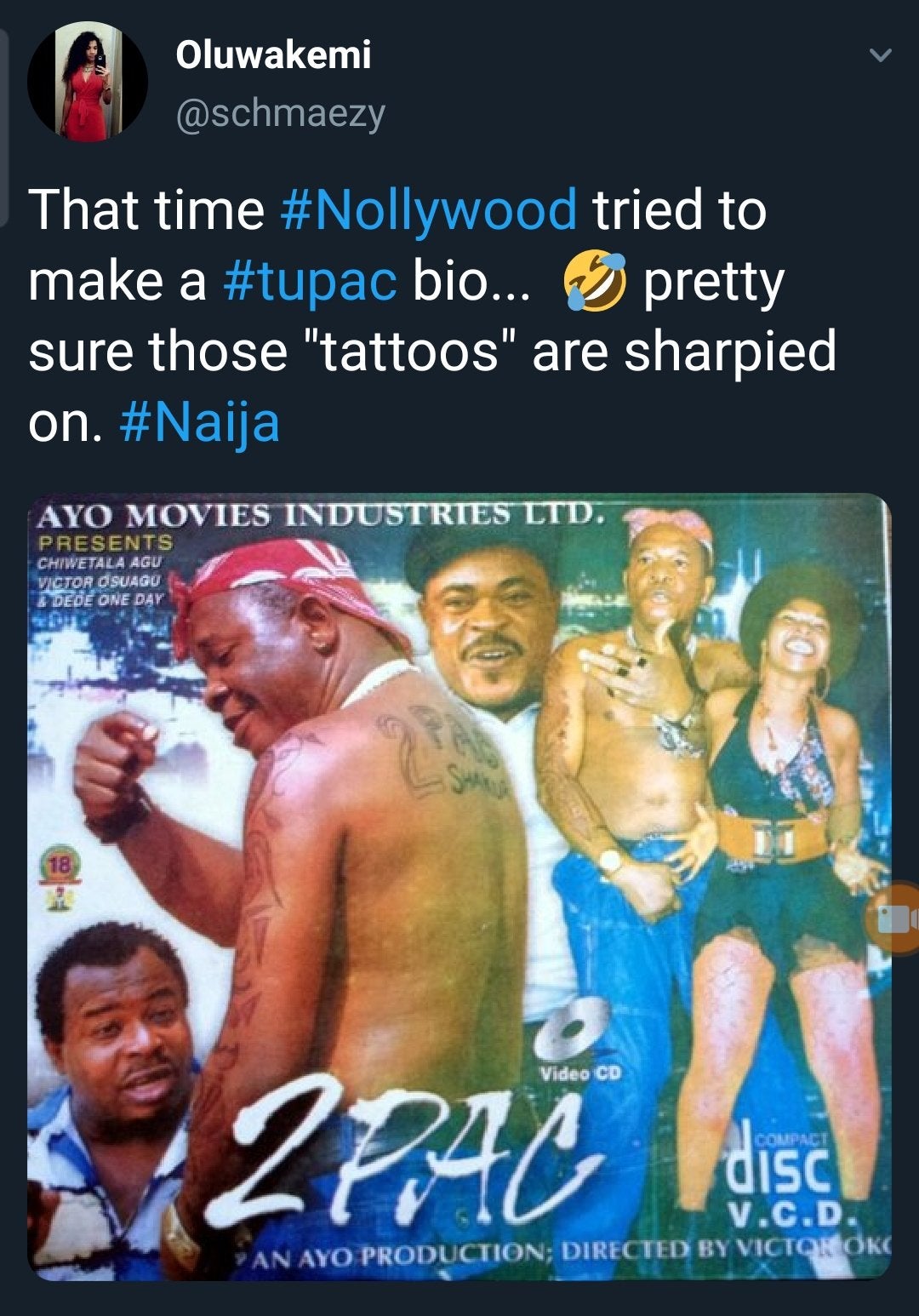 movies - Oluwakemi That time tried to make a bio... pretty sure those "tattoos" are sharpied on. Ayo Movies Industries Ltd. Presents Chiwetala Agu Victor Osuagu Dede One Day Video Cd Coupage Zpac Disc V.C.D. An Ayo Production; Directed By Victor Oke