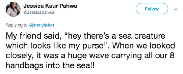 french language joke - Jessica Kaur Pahwa v My friend said, "hey there's a sea creature which looks my purse". When we looked closely, it was a huge wave carrying all our 8 handbags into the sea!!