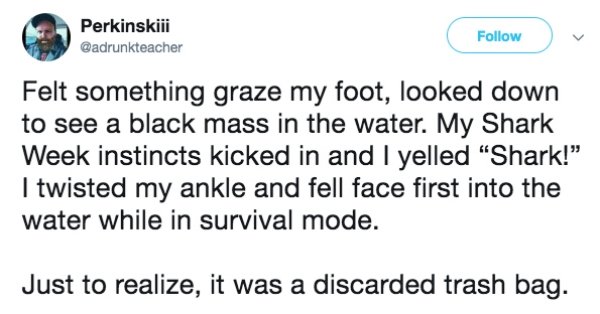 diagram - Perkinskiji Felt something graze my foot, looked down to see a black mass in the water. My Shark Week instincts kicked in and I yelled "Shark!" I twisted my ankle and fell face first into the water while in survival mode. Just to realize, it was