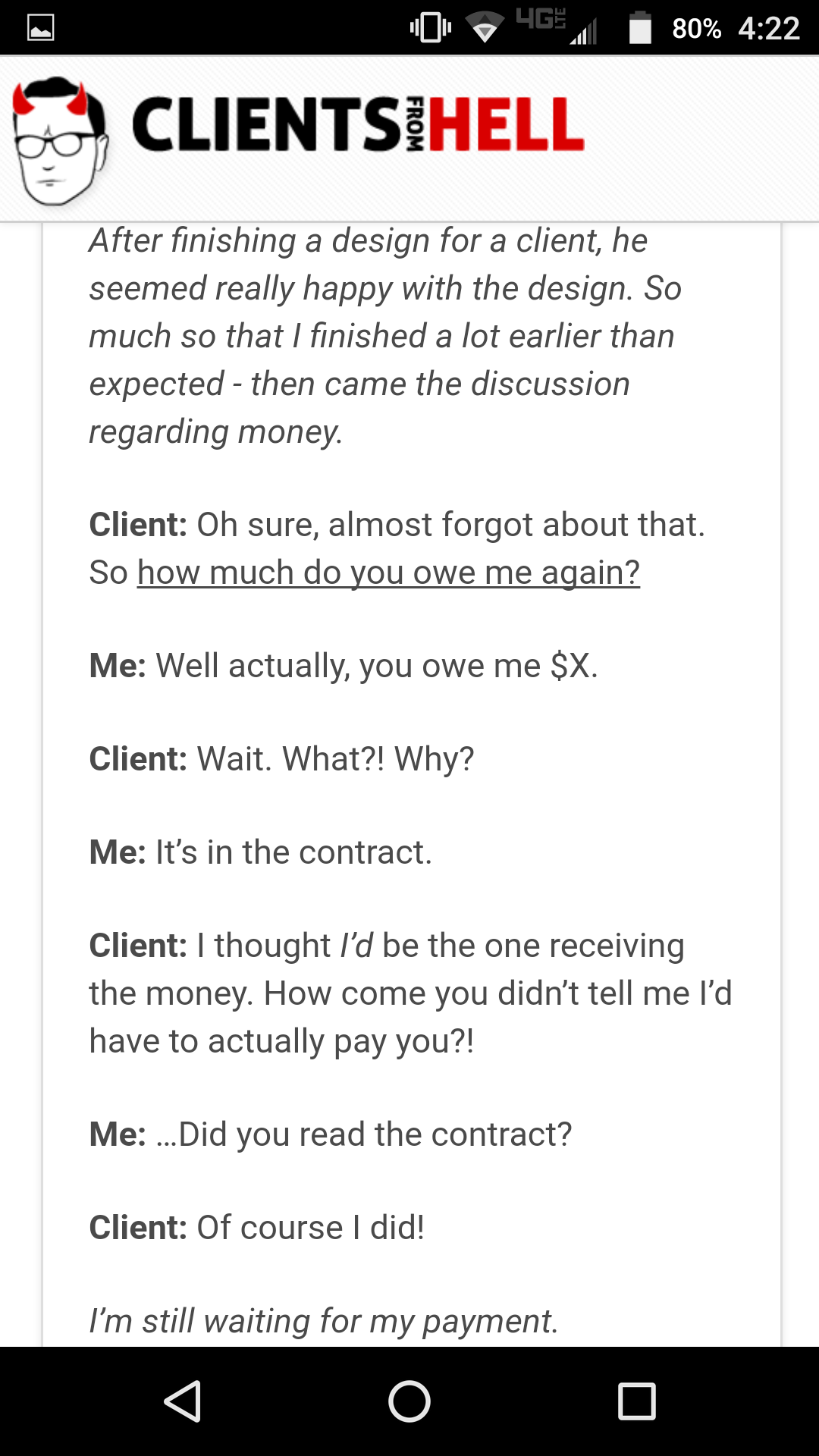 ganesh aarti english - O 4G 80% Clientsihell From After finishing a design for a client, he seemed really happy with the design. So much so that I finished a lot earlier than expected then came the discussion regarding money. Client Oh sure, almost forgot