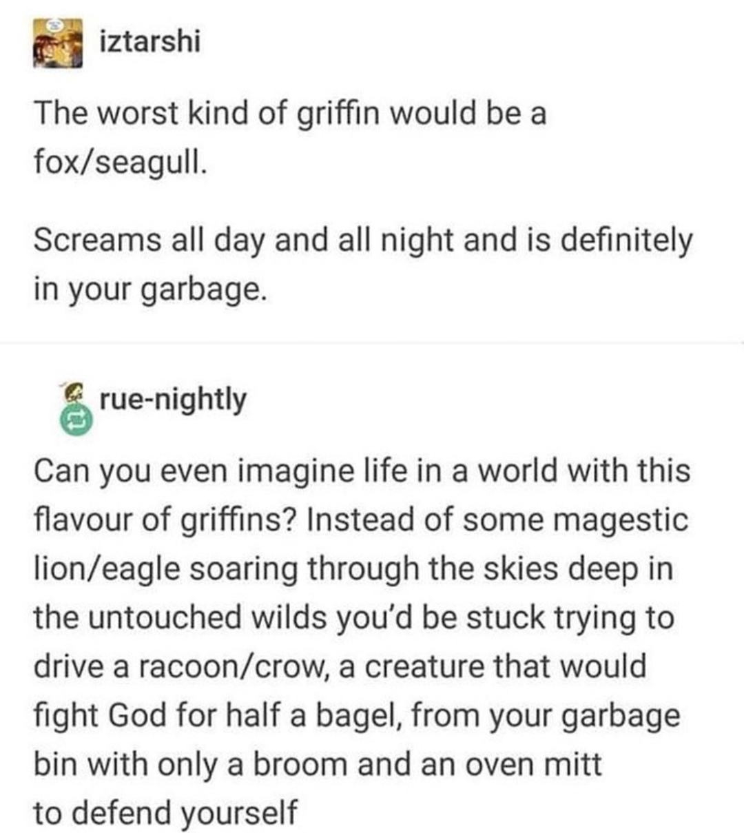 seagull griffon - iztarshi The worst kind of griffin would be a foxseagull. Screams all day and all night and is definitely in your garbage. ruenightly Can you even imagine life in a world with this flavour of griffins? Instead of some magestic lioneagle 