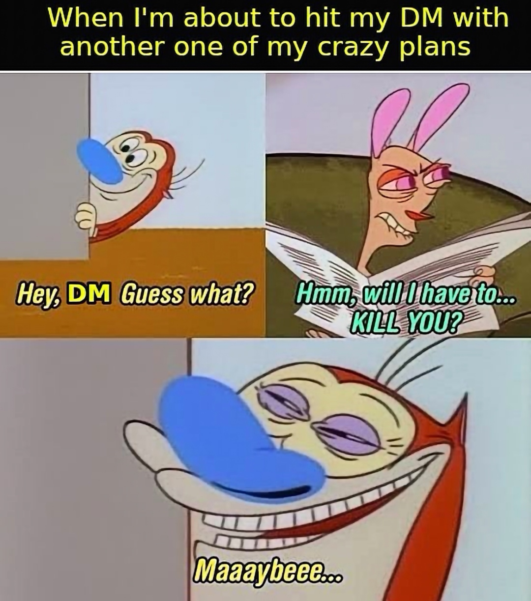 ren & stimpy memes - When I'm about to hit my Dm with another one of my crazy plans Hey, Dm Guess what? Hmm, will have to... Kill You? Maaaybeee.co