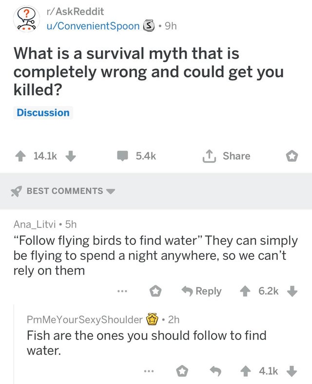 document - 0 rAskReddit e uConvenientSpoon 3.9h What is a survival myth that is completely wrong and could get you killed? Discussion 4 I o Best Ana_Litvi. 5h " flying birds to find water" They can simply be flying to spend a night anywhere, so we can't r