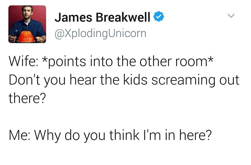 James Breakwell Wife points into the other room Don't you hear the kids screaming out there? Me Why do you think I'm in here?