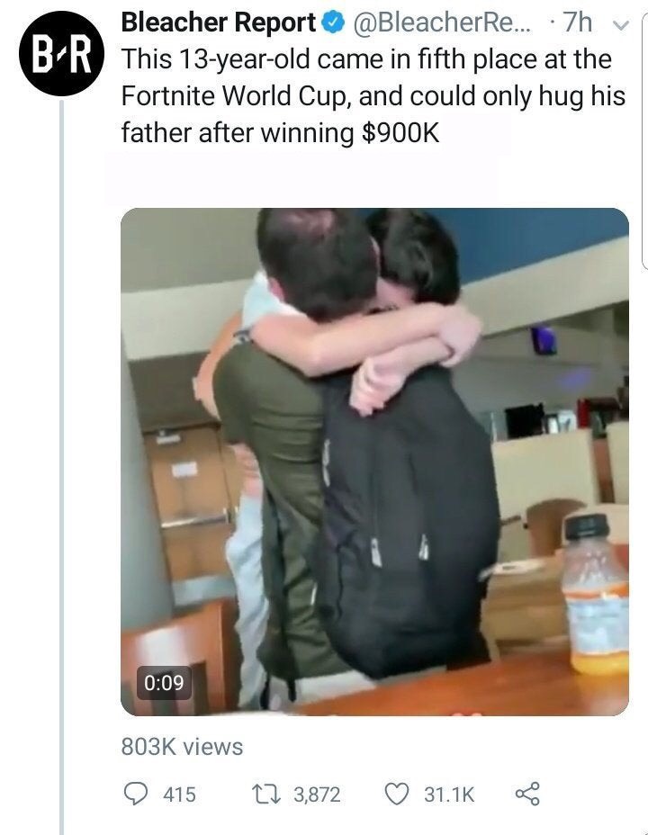 Br Bleacher Report This 13-year-old came in fifth place at the Fortnite World Cup, and could only hug his father after winning $