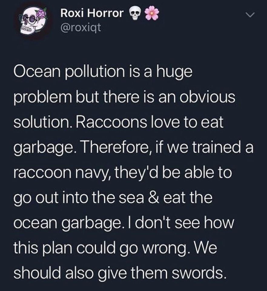 atmosphere - 3 Roxi Horror Ocean pollution is a huge problem but there is an obvious solution. Raccoons love to eat garbage. Therefore, if we trained a raccoon navy, they'd be able to go out into the sea & eat the ocean garbage. I don't see how this plan 