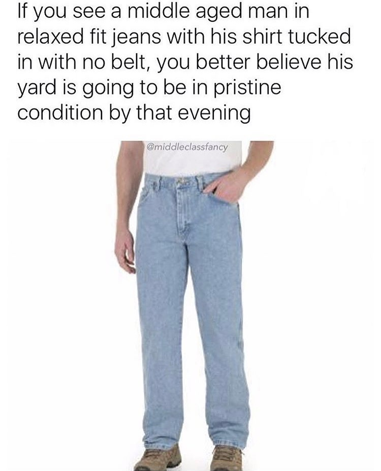 dad jeans meme - If you see a middle aged man in relaxed fit jeans with his shirt tucked in with no belt, you better believe his yard is going to be in pristine condition by that evening