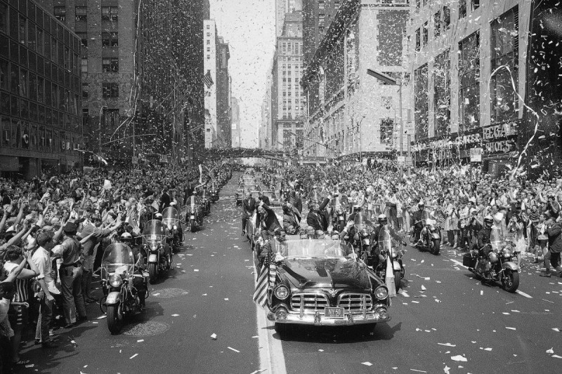 August 13 1969. People line 42nd Street in New York to cheer Apollo 11 astronauts,  in lead car from left, Buzz Aldrin, Michael Collins and Neil Armstrong, traveling east on 42nd street, towards the United Nations.