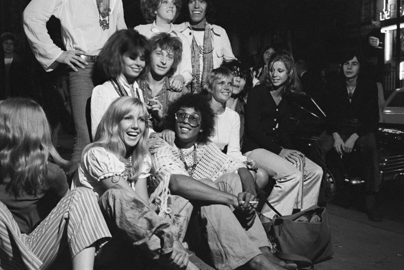 August 1969. Theatre Theatre de la Porte Saint-Martin in Paris, France. Actors from the musical "Hair" after the performance. Photo Manuel Litran.