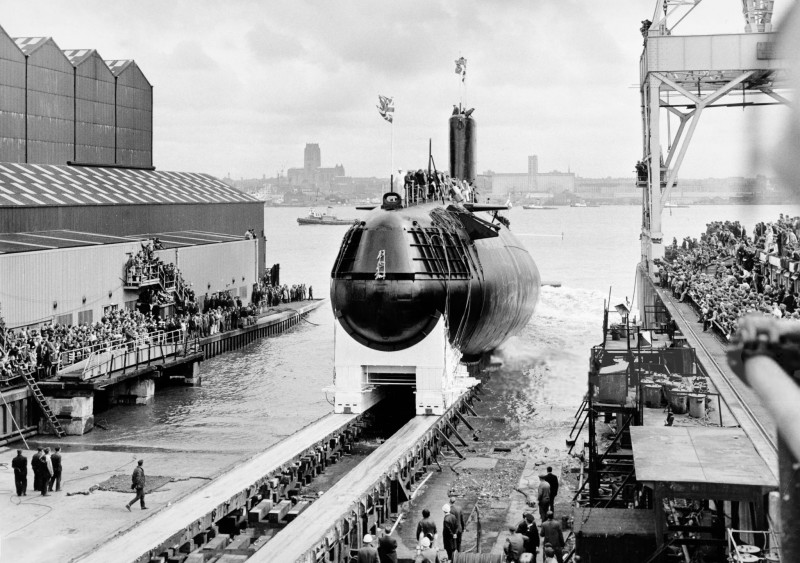 29th August 1969, Birkenhead, Cheshire,The British nuclear submarine HMS "Conqueror" which sank the Argentine ship "General Belgrano" during the Falklands War.