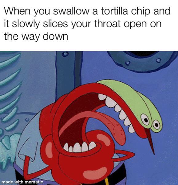spongebob mr krabs dank meme - When you swallow a tortilla chip and it slowly slices your throat open on the way down made with mematic