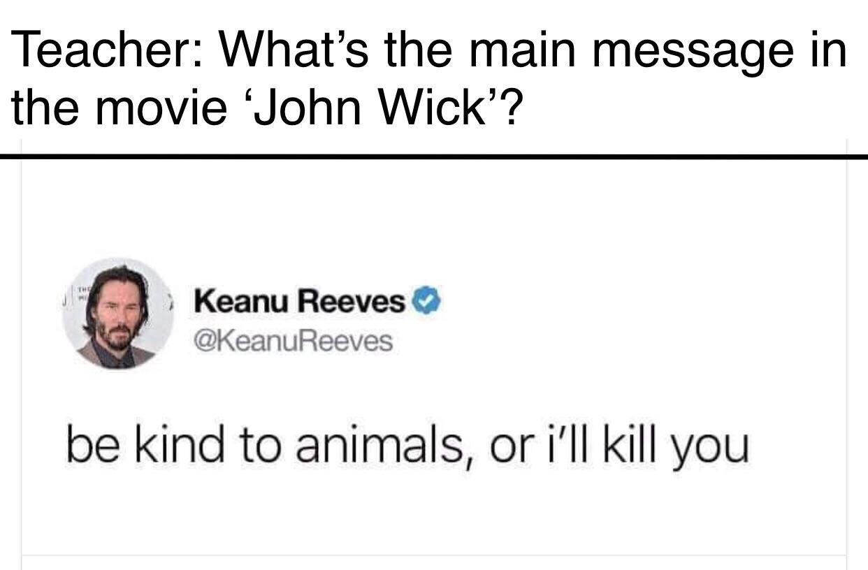 angle - Teacher What's the main message in the movie 'John Wick'? Keanu Reeves be kind to animals, or i'll kill you
