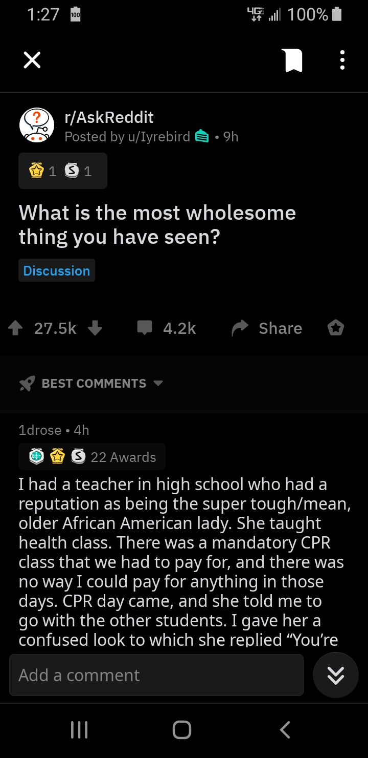 What is the most wholesome thing you have seen?  I had a teacher in high school who had a reputation as being the super tough mean, older Africa