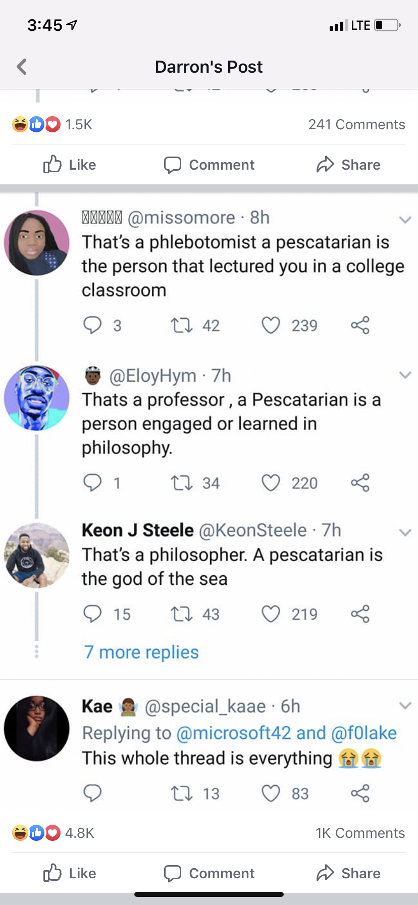 That's a phlebotomist a pescatarian is the person that lectured you in a college classroom Thats a professor, a Pescatarian is a person engaged or learned in philosophy 01 1
