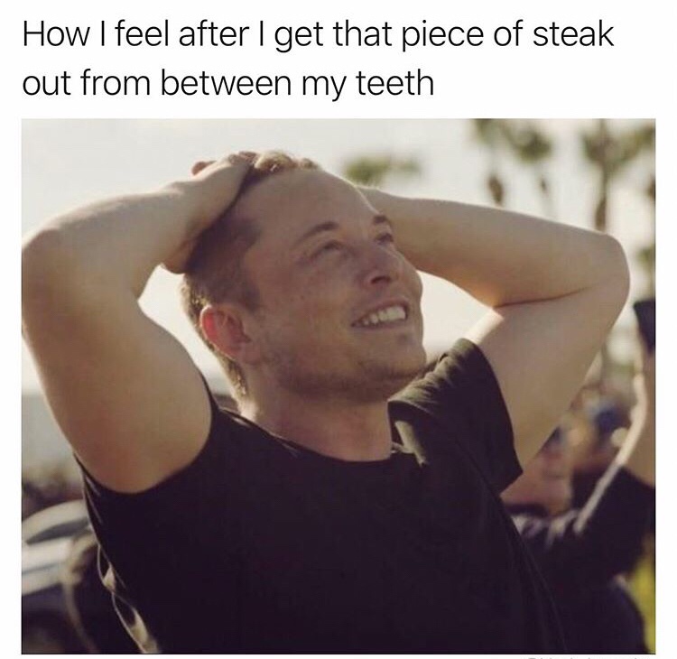 elon musk look meme - How I feel after I get that piece of steak out from between my teeth