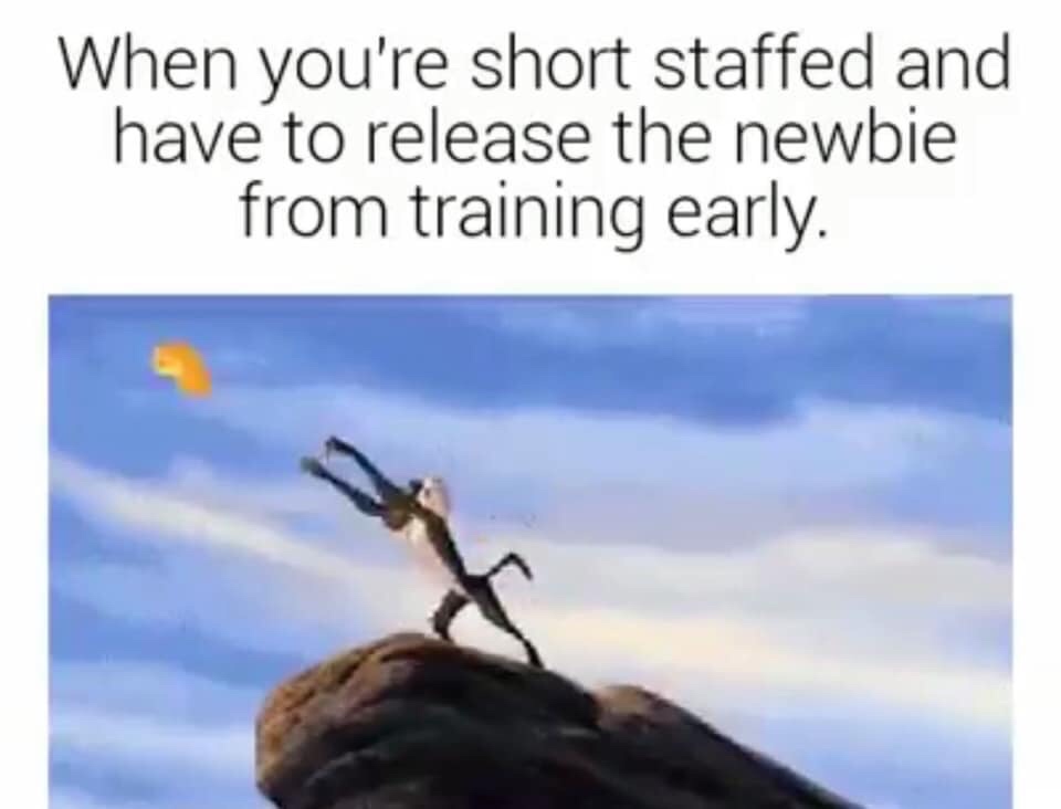 short staffed newbie meme - When you're short staffed and have to release the newbie from training early.