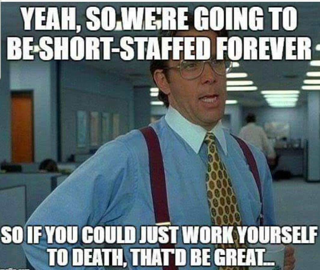 work stress meme - Yeah, So We'Re Going To Be ShortStaffed Forever So If You Could Just Work Yourself To Death, That'D Be Greal