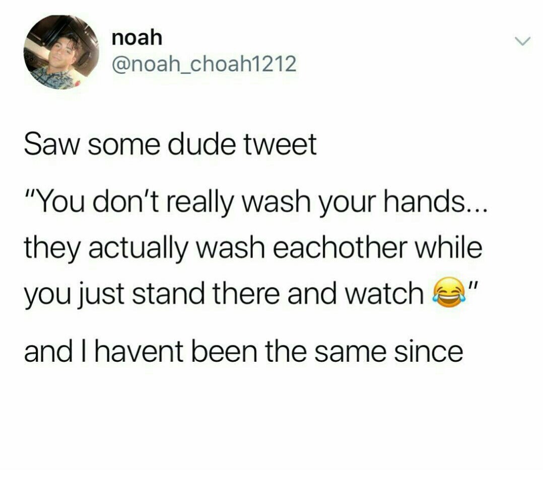 document - noah Saw some dude tweet "You don't really wash your hands... they actually wash eachother while you just stand there and watche" and I havent been the same since
