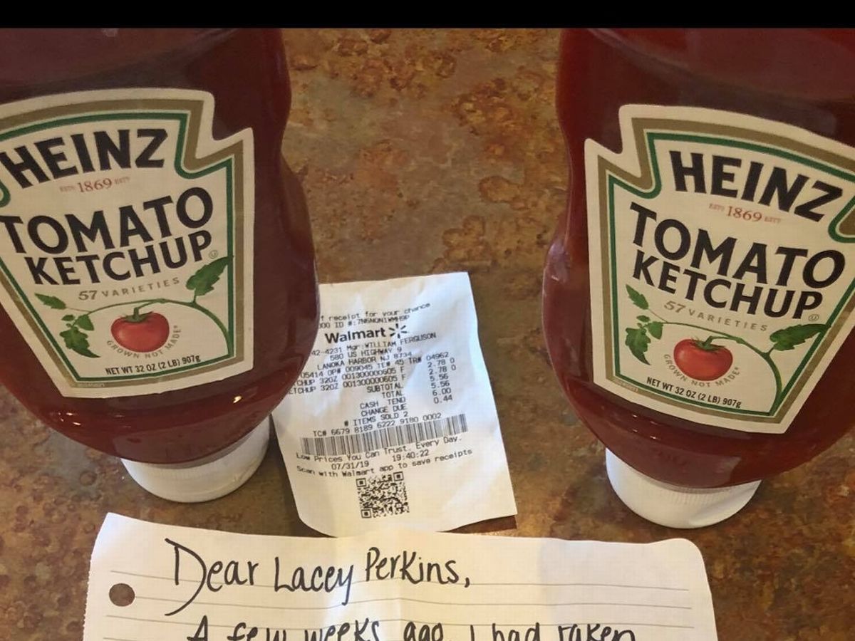 It read: "A few weeks ago, I had taken one of your ketchup bottles off the table because for some odd reason I thought it'd be 'risky'. I am as square as they come and this is the worst thing I've done.n Well, a few hours [after] I did it someone crashed into my car, and since then, my karma, luck, and life have been s**t. I hope returning two new bottles will restore some [luck] for me, and I can stop carrying around this guilt."