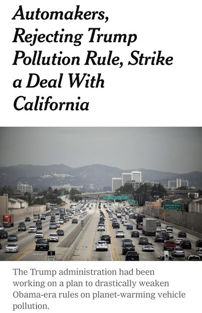 sky - Automakers, Rejecting Trump Pollution Rule, Strike a Deal With California The Trump administration had been working on a plan to drastically weaken Obamaera rules on planetwarming vehicle pollution.