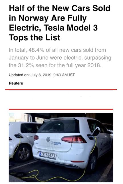 bumper - Half of the New Cars Sold in Norway Are Fully Electric, Tesla Model 3 Tops the List In total, 48.4% of all new cars sold from January to June were electric, surpassing the 31.2% seen for the full year 2018. Updated on , Ist Reuters Tel. 68423