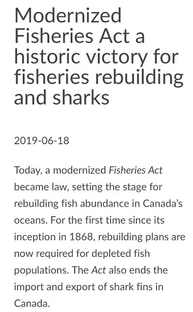 paper - Modernized Fisheries Act a historic victory for fisheries rebuilding and sharks Today, a modernized Fisheries Act became law, setting the stage for rebuilding fish abundance in Canada's oceans. For the first time since its inception in 1868, rebui