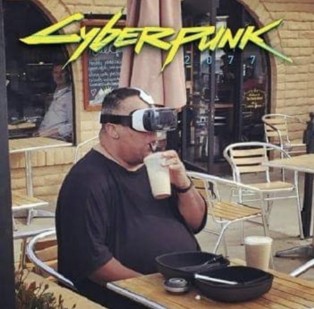 cyberpunk 2077 - vr goggles at a restaurant