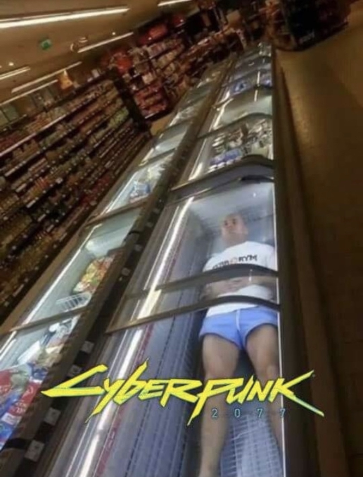 cyberpunk 2077  - man lying in grocery store cooler