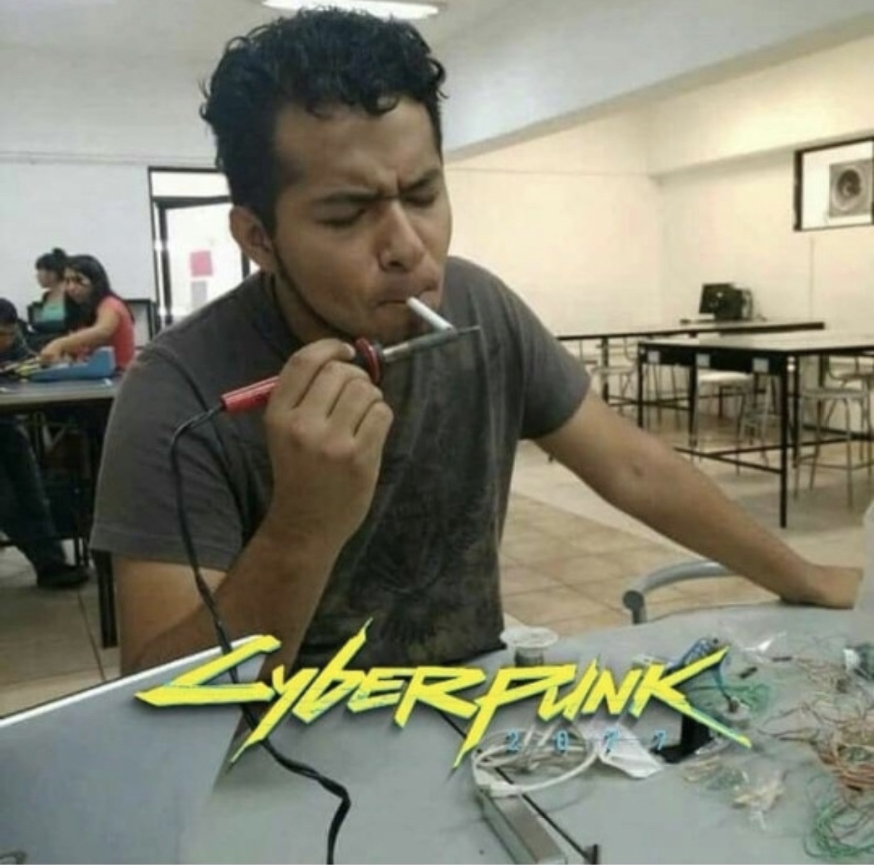 cyberpunk 2077 - man lighting a cigarette with a soldering iron
